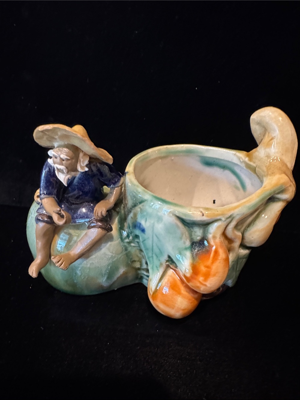 Vintage Chinese Hand-Painted Mudman Planter with Seated Fisherman Figurine